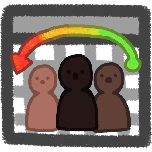 3 people, a dark skinned brown person, medium toned brown person, and light skinned brown person. above them is a green dot staring at the right and a line coming from out going to the left and ending as a red arrow. behind them is a calendar displaying a month